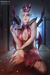 Rule 34 | 1girl, alternate costume, alternate hairstyle, aqua hair, arm tattoo, armor, arthropod girl, artist name, bare shoulders, blood moon elise, blue eyes, blue hair, breasts, breasts apart, cleavage, corset, dress, elise (league of legends), fingernails, groin, hair ornament, hair over one eye, hand up, hemolami, highres, indoors, insect girl, kneeling, large breasts, league of legends, leg tattoo, lipstick, long fingernails, looking at viewer, makeup, mascara, mask, mask on head, matching hair/eyes, monster girl, nail polish, no panties, nose, parted lips, pink lips, purple nails, sharp fingernails, short dress, short hair, shoulder armor, silver hair, single thighhigh, skirt, sleeveless, sleeveless dress, solo, spider girl, tattoo, teeth, thighhighs, very long fingernails