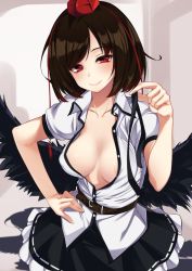 Rule 34 | 1girl, areola slip, belt, black belt, black hair, black ribbon, black skirt, black wings, blush, breasts, collarbone, cowboy shot, feathered wings, hand on own hip, hand up, hat, highres, holding, indoors, looking at viewer, medium breasts, miniskirt, momendoufu, partially unbuttoned, petticoat, puffy short sleeves, puffy sleeves, red eyes, ribbon, ribbon-trimmed skirt, ribbon trim, shameimaru aya, shirt, short hair, short sleeves, skirt, smile, solo, tassel, tokin hat, touhou, white shirt, wing collar, wings