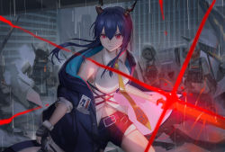 Rule 34 | 1girl, 3others, absurdres, arknights, bare shoulders, black gloves, blue hair, blue jacket, breasts, ch&#039;en (arknights), chi xiao (arknights), commentary, cowboy shot, dragon horns, fingerless gloves, gloves, hair between eyes, haowei wu, highres, holding, holding sword, holding weapon, horns, jacket, long hair, medium breasts, multiple others, navel, necktie, off shoulder, open clothes, open jacket, red eyes, reunion soldier (arknights), shirt, short shorts, shorts, sleeveless, sleeveless shirt, standing, sword, thighs, weapon, white shirt, yellow neckwear