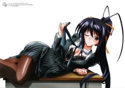 Rule 34 | 10s, 1girl, 2012, ;), absurdres, antenna hair, ass, black hair, black pantyhose, bra, breasts, cleavage, dress, female focus, formal, glasses, hair ribbon, high school dxd, highres, himejima akeno, large breasts, long hair, looking at viewer, lying, miyama-zero, necktie, office lady, official art, on side, one eye closed, pantyhose, pencil skirt, pinstripe pattern, pinstripe suit, ponytail, purple eyes, ribbon, skirt, skirt suit, smile, solo, striped, suit, underwear, very long hair, wink