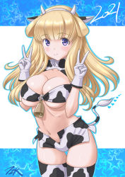 Rule 34 | 1girl, 2021, animal ears, animal print, bikini, bikini top only, blonde hair, blue eyes, breasts, chinese zodiac, commentary request, cow ears, cow print, cow print bikini, cow tail, cowboy shot, double bun, double v, fletcher (kancolle), gloves, hair bun, highres, horns, kantai collection, large breasts, long hair, looking at viewer, print bikini, short shorts, shorts, solo, standing, swimsuit, t2r, tail, thighhighs, v, white gloves, year of the ox
