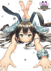 Rule 34 | 10s, 1girl, animal ears, bare shoulders, barefoot, blue dress, blush, brown hair, commentary request, dress, ek masato, feet, green eyes, highres, idolmaster, idolmaster cinderella girls, legs up, long hair, looking at viewer, lying, off shoulder, on stomach, rabbit ears, shibuya rin, soles, solo, strap slip, the pose, toes