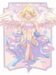 Rule 34 | 1girl, bare shoulders, blonde hair, blue bow, blush, bow, breasts, chagi chage, closed eyes, collarbone, dress, earrings, fake wings, feathered wings, hands up, highres, idolmaster, idolmaster cinderella girls, idolmaster cinderella girls starlight stage, jewelry, knees up, large breasts, layered dress, open mouth, pink background, purple dress, see-through, see-through legwear, short hair, short sleeves, sitting, smile, solo, star (symbol), umeki otoha, wing hair ornament, wings