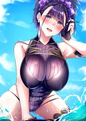 Rule 34 | 1girl, absurdres, armlet, bare shoulders, black gloves, black one-piece swimsuit, blue sky, blush, breasts, fate/grand order, fate (series), fingerless gloves, flower, gloves, gold trim, hair flower, hair ornament, half gloves, highleg, highleg swimsuit, highres, large breasts, len (hand linke), long hair, looking at viewer, murasaki shikibu (fate), murasaki shikibu (swimsuit rider) (fate), murasaki shikibu (swimsuit rider) (first ascension) (fate), one-piece swimsuit, open mouth, purple eyes, purple hair, sky, smile, solo, swimsuit, thighs, water