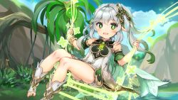 Rule 34 | 1girl, :d, absurdres, bloomers, blurry, bracelet, braid, cape, commentary request, depth of field, detached sleeves, dress, forest, genshin impact, gradient hair, green eyes, grey hair, hair between eyes, hair ornament, highres, holding, jewelry, long hair, looking at viewer, multicolored hair, nahida (genshin impact), nature, open mouth, pointy ears, short sleeves, side ponytail, sidelocks, single braid, smile, soles, solo, stirrup legwear, swing, symbol-shaped pupils, toeless legwear, toes, tree, underwear, white dress, xiye37