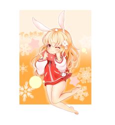 Rule 34 | 1girl, absurdres, animal ears, barefoot, blonde hair, brown eyes, character request, dungeon and fighter, artistic error, flower, hair flower, hair ornament, hairclip, highres, jacket, jewelry, long hair, mage (dungeon and fighter), no pants, one eye closed, rabbit ears, red jacket, red scarf, safety pin, scarf, smile, solo, toes, wrong foot, zipper