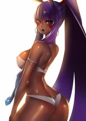 Rule 34 | 1girl, ass, bare shoulders, bikini, blush, breasts, commentary request, dark-skinned female, dark skin, earrings, facial mark, fate/grand order, fate (series), highres, jewelry, large breasts, long hair, looking at viewer, looking back, nitocris (fate), nitocris (fate/grand order), nitocris (swimsuit assassin) (fate), nitocris (swimsuit assassin) (third ascension) (fate), open mouth, ponytail, purple eyes, purple hair, rahato, shiny skin, sidelocks, simple background, solo, swimsuit, very long hair