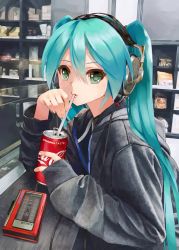 Rule 34 | 1girl, aqua hair, black jacket, cafe, can, cassette player, coca-cola, commentary request, counter, drink can, drinking, drinking straw, green eyes, hair between eyes, hatsune miku, headphones, highres, hood, hood down, hooded jacket, jacket, listening to music, long hair, long sleeves, looking at viewer, shelf, soda can, solo, sony, takepon1123, twintails, upper body, vocaloid, walkman