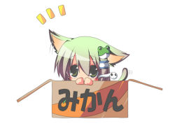 Rule 34 | 1girl, animal ears, bad id, bad pixiv id, blush, box, cardboard box, cat ears, cat girl, cat tail, ear wiggle, female focus, for adoption, green eyes, green hair, in box, in container, kemonomimi mode, kochiya sanae, matching hair/eyes, mikan box, paw pose, plus9, simple background, solo, tail, touhou