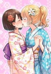 Rule 34 | 2girls, absurdres, betock, blonde hair, blue kimono, blush, closed eyes, floral background, floral print, flower, french kiss, highres, holding hands, interlocked fingers, japanese clothes, kimono, kiss, long sleeves, multiple girls, original, pink background, print kimono, red flower, tongue, tongue out, white flower, white kimono, wide sleeves, yuri