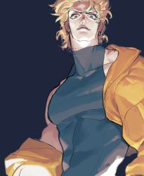 Rule 34 | 1boy, blonde hair, covered abs, dio brando, earrings, highres, jacket, unworn jacket, jewelry, jojo no kimyou na bouken, looking at viewer, male focus, muscular, muscular male, pectorals, red eyes, scar, scar on neck, shirt, skin tight, sleeveless, smile, solo, stardust crusaders, taut clothes, taut shirt, yellow jacket, yokusiranaina