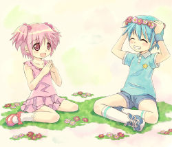 Rule 34 | 10s, 2girls, :d, aged down, androgynous, bad id, bad pixiv id, blue eyes, blue hair, closed eyes, collarbone, flower, gonzaburou, grin, hair bobbles, hair ornament, kaname madoka, mahou shoujo madoka magica, mahou shoujo madoka magica (anime), mahou shoujo madoka magica novel, miki sayaka, multiple girls, open mouth, pink eyes, pink hair, reverse trap, short hair, short twintails, sitting, smile, twintails, wariza, wreath