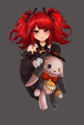 Rule 34 | 1girl, absurdres, bare shoulders, black bow, black dress, black hat, black ribbon, black sleeves, bow, closed mouth, cropped torso, detached sleeves, dress, grey background, hair ribbon, hat, highres, holding, holding stuffed toy, long sleeves, original, red eyes, red hair, ribbon, simple background, smile, solo, strapless, strapless dress, stuffed animal, stuffed rabbit, stuffed toy, tierra misu, top hat, twintails, upper body, wide sleeves