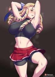 Rule 34 | absurdres, antenna hair, armpits, arms behind head, bike shorts, blonde hair, blue bow, blush, bow, breasts, capcom, crop top, highres, kanzuki karin, large breasts, midriff, navel, open mouth, orange eyes, patreon username, ringlets, skirt, street fighter, sweat, torahime (roland00)