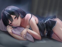 Rule 34 | 1girl, bare arms, bare shoulders, bed, black camisole, black hair, black shorts, blurry, blurry background, breasts, camisole, collarbone, commentary request, cowboy shot, curtains, dolphin shorts, drawstring, grey eyes, hair between eyes, half-closed eyes, hands up, head rest, highres, indoors, light blush, light smile, long hair, looking at viewer, love live!, love live! nijigasaki high school idol club, lying, mated, medium breasts, midriff peek, on bed, on side, parted lips, pillow, short shorts, shorts, solo, strap slip, yuki setsuna (love live!)