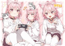 1girl absurdres ahoge animal animal_ear_fluff animal_ears animal_on_head bell brown_shorts cat cat_ears cat_girl cat_tail closed_mouth controller extra_ears fang game_controller hair_bell hair_ornament haruru_(vtuber) highres holding holding_controller holding_game_controller hood hood_down hoodie indie_virtual_youtuber long_sleeves looking_at_viewer multiple_views on_head open_mouth parted_lips paw_pose pink_hair short_hair shorts smile tail thighhighs virtual_youtuber white_hoodie white_thighhighs yukie_(kusaka_shi)