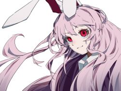 Rule 34 | 1girl, absurdres, animal ears, closed mouth, collared shirt, dauchimk 1, hair between eyes, highres, long hair, pink hair, portrait, rabbit ears, red eyes, reisen udongein inaba, shirt, simple background, smile, solo, touhou, white background, white shirt