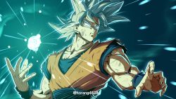Rule 34 | 1boy, absurdres, backlighting, battle damage, blood, blood from mouth, blood on face, blue wristband, collarbone, dougi, dragon ball, dragon ball super, dragonball z, energy, energy ball, fingernails, glowing, glowing eyes, grey hair, highres, horang4628, male focus, muscular, muscular male, scratches, solo, son goku, spiked hair, torn, torn clothes, twitter username, ultra instinct, v-shaped eyebrows, white eyes, wristband