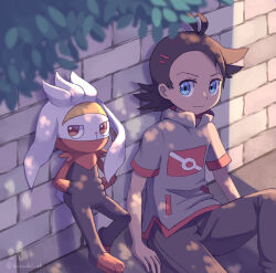 Rule 34 | 1boy, antenna hair, arm support, blue eyes, brick wall, brown hair, closed mouth, commentary request, creatures (company), day, eyelashes, game freak, gen 8 pokemon, goh (pokemon), grey shirt, highres, ibusaki (ivu), male focus, nintendo, outdoors, pants, pokemon, pokemon (anime), pokemon (creature), pokemon journeys, raboot, shirt, short sleeves, sitting, smile