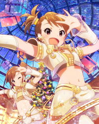 Rule 34 | 10s, 2girls, :d, ;), blush, brown eyes, brown hair, christmas lights, christmas tree, cropped jacket, futami ami, futami mami, idolmaster, idolmaster (classic), idolmaster million live!, looking at viewer, midriff, multiple girls, musical note, navel, official art, one eye closed, open mouth, siblings, side ponytail, sisters, skirt, smile, twins, wink