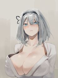 Rule 34 | 1girl, black hairband, black ribbon, blue eyes, blush, breasts, cleavage, grey background, grey hair, hair ribbon, hairband, highres, huge breasts, looking at viewer, no bra, noccu, nose blush, original, parted lips, ribbon, solo, upper body