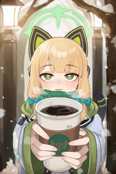 Rule 34 | 1girl, absurdres, animal ear headphones, animal ears, blonde hair, blue archive, blush, bow, bright pupils, cat ear headphones, cat tail, coffee, coffee cup, commentary, cup, disposable cup, fake animal ears, fang, green bow, green eyes, green halo, green scarf, halo, headphones, highres, holding, holding cup, hun2, lamp, long sleeves, looking at viewer, midori (blue archive), open mouth, pov, scarf, shirt, skin fang, snow, snowing, solo, steam, tail, tree, white pupils, white shirt