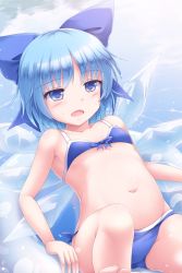 Rule 34 | 1girl, :o, bare shoulders, barefoot, belly, bikini, blue bikini, blue bow, blue eyes, blue hair, bow, cirno, commentary request, hair bow, highres, ice, ice wings, large bow, lzh, navel, open mouth, short hair, solo, stomach, sweat, swimsuit, touhou, water, wings
