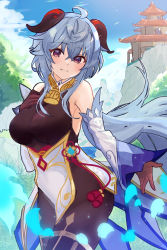 Rule 34 | 1girl, absurdres, ahoge, architecture, bare shoulders, bell, black gloves, black pantyhose, blue hair, blue sky, blush, breasts, chinese knot, cowboy shot, day, detached sleeves, east asian architecture, flower knot, ganyu (genshin impact), genshin impact, gloves, gold trim, highres, hinokey (hinokey0126), horns, large breasts, long hair, looking at viewer, neck bell, outdoors, pantyhose, parted lips, petals, purple eyes, sidelocks, sky, smile, solo, tassel, thighlet, vision (genshin impact), white sleeves, wide sleeves