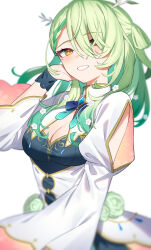 Rule 34 | 1girl, antlers, aotake iro, blurry, blush, braid, braided bangs, branch, breasts, ceres fauna, cleavage, commentary request, cowboy, cowboy western, depth of field, dress, flower, green flower, green hair, green rose, hair flower, hair ornament, hair over one eye, highres, hololive, hololive english, horns, jewelry, large breasts, long hair, looking at viewer, medium breasts, mole, mole under eye, petals, rose, simple background, smile, solo, virtual youtuber, western, white background, white dress, wide sleeves, yellow eyes