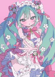 Rule 34 | 1girl, absurdres, blush, bow, bowtie, commentary, detached sleeves, dress, flower, food-themed hair ornament, foreshortening, green eyes, green hair, hair flower, hair ornament, hakudaku, hatsune miku, highres, long hair, open mouth, outstretched arm, pink background, pink bow, pink bowtie, reaching, reaching towards viewer, simple background, solo, strawberry hair ornament, strawberry miku (morikura), treble clef, twintails, vocaloid, white dress