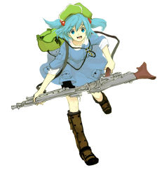 Rule 34 | 1girl, backpack, bag, bike shorts, blue eyes, blue hair, boots, excited, female focus, full body, gun, hair bobbles, hair ornament, happy, hat, highres, kawashiro nitori, key, legs, machine gun, matching hair/eyes, mg42, open mouth, randoseru, running, simple background, sleeves rolled up, smile, solo, sugi, touhou, twintails, two side up, weapon, white background