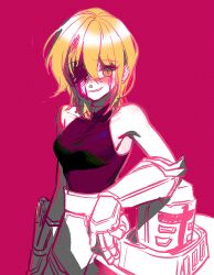 Rule 34 | 1girl, armor, armpits, black shirt, blonde hair, blood, blood on face, bloody tears, breasts, don quixote (project moon), gauntlets, helmet, highres, limbus company, medium breasts, nonggang 1227, project moon, shirt, short hair, smile, solo, yellow eyes