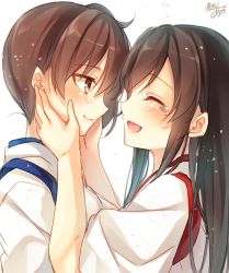 Rule 34 | 10s, 2girls, :d, ^ ^, akagi (kancolle), artist name, brown hair, closed eyes, closed eyes, from side, hands on another&#039;s cheeks, hands on another&#039;s face, happy tears, japanese clothes, jpeg artifacts, kaga (kancolle), kantai collection, long hair, multiple girls, one-hour drawing challenge, open mouth, profile, side ponytail, signature, smile, tasuki, tears, toosaka asagi