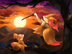 Rule 34 | 1girl, animal ear fluff, animal ears, animal nose, arm up, bare tree, black fur, body fur, braixen, closed eyes, cloud, creatures (company), dancing, female focus, fennekin, fox ears, fox girl, fox tail, from behind, full body, furry, furry female, game freak, gen 6 pokemon, gradient sky, happy, highres, holding, holding stick, leg up, looking at another, mountain, multicolored fur, neck fur, nintendo, open mouth, orange sky, pokemon, pokemon (creature), red eyes, san (sanchimpo), sky, smile, snout, standing, standing on one leg, stick, sun, sunset, tail, tree, u u, white fur, yellow fur
