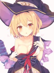 Rule 34 | 10s, 1girl, :o, bare shoulders, blonde hair, blush, breasts, collarbone, djeeta (granblue fantasy), gloves, granblue fantasy, hat, heart, highres, looking at viewer, medium breasts, nibiiro shizuka, short hair, simple background, solo, sweat, white gloves, witch hat, yellow eyes