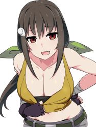 Rule 34 | 1girl, backpack, bag, belt, black gloves, breasts, cleavage, clothes pull, collarbone, fang, fingerless gloves, gloves, green ribbon, hachikuji mayoi, hair ribbon, kabukimonogatari, kuro mushi, large breasts, leaning forward, looking at viewer, low ponytail, midriff, monogatari (series), aged up, open mouth, ribbon, shirt pull, simple background, solo, tank top, thick eyebrows, upper body, white background
