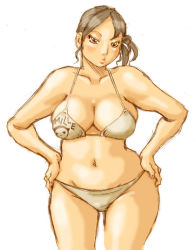 Rule 34 | 1girl, bare shoulders, blush, bra, breasts, brown eyes, brown hair, cleavage, curvy, female focus, hands on own hips, hip focus, large breasts, lips, mature female, millefeuille, panties, plump, simple background, solo, standing, underwear, white background, wide hips