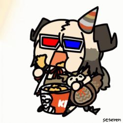 Rule 34 | 3d glasses, animated, animated gif, arknights, bird, chicken (food), eating, fried chicken, ifrit (arknights), kfc, lowres, seseren, stuffed owl