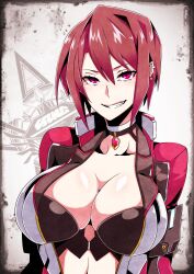 Rule 34 | 1girl, absurdres, breasts, camui (camui kamui), choker, cleavage, earrings, highres, hz (666v), jacket, jewelry, large breasts, looking at viewer, midriff peek, necklace, open clothes, open jacket, original, purple eyes, red hair, short hair, smirk