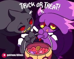 Rule 34 | 2girls, animated, animated gif, banette, basket, blue dress, candy, colored sclera, creatures (company), diives, dress, english text, female focus, food, furry, furry female, game freak, gen 3 pokemon, gen 4 pokemon, ghost, halloween, hand up, lollipop, looking at viewer, mismagius, multiple girls, nintendo, patreon logo, patreon username, pokemon, pokemon (creature), pokemon dppt, pokemon rse, purple background, red eyes, red ribbon, red sclera, ribbon, school uniform, shirt, short sleeves, simple background, smile, talking, teeth, text focus, tongue, tongue out, uniform, watermark, white shirt, yellow sclera