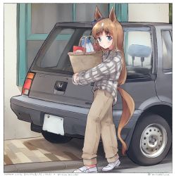 Rule 34 | 1girl, animal ears, apple, bag, balladeluce, blue eyes, brown hair, brown pants, commentary request, food, fruit, grass wonder (umamusume), highres, holding, holding bag, honda, honda civic, horse ears, horse girl, horse tail, license plate, long hair, long sleeves, looking at viewer, milk carton, name connection, outdoors, pants, plaid, plaid shirt, shirt, shoes, solo, tail, umamusume, walking, white footwear