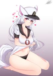 Rule 34 | 10s, 1girl, 2016, absurdres, animal ears, bil-ajeossi, black panties, blush, breast hold, breasts, character request, cleavage, clothes lift, collarbone, commentary request, copyright request, dated, full body, gradient background, grey background, hat, heart, highres, large breasts, long hair, looking at viewer, navel, neckerchief, no pants, panties, peaked cap, red eyes, sailor collar, shirt, shirt lift, short sleeves, signature, sitting, solo, sparkle, tail, underwear, very long hair, wariza, white hair, white shirt
