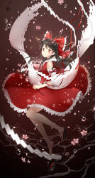 Rule 34 | 1girl, air bubble, bare legs, bare shoulders, black hair, blush, bow, branch, bubble, cherry blossoms, closed mouth, detached sleeves, dress, flower, unworn footwear, full body, geta, hair bow, hair ornament, hair tubes, hakurei reimu, highres, holding, holding branch, hoshi ame, long hair, long sleeves, looking up, pink flower, red bow, red dress, red eyes, red ribbon, ribbon, sandals, unworn sandals, sarashi, sidelocks, solo, straight hair, touhou, underwater, wide sleeves