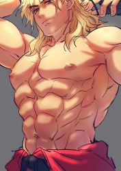 Rule 34 | 1boy, abs, absurdres, alternate hair length, alternate hairstyle, bara, blonde hair, clothes down, dougi, forked eyebrows, highres, ken masters, large pectorals, looking at viewer, male focus, mature male, medium hair, muscular, muscular male, navel, nipples, open clothes, open shirt, pectorals, smile, solo, stomach, street fighter, thick eyebrows, yuiofire
