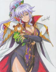 Rule 34 | 1girl, 2023, alternate costume, armor, arms under breasts, artist name, breasts, cape, cleavage, commission, commissioner upload, cowboy shot, fire emblem, fire emblem: genealogy of the holy war, flower, hair flower, hair ornament, head tilt, highres, holding, holding stuffed toy, ishtar (fire emblem), large breasts, long hair, marker (medium), nintendo, official alternate costume, pauldrons, purple hair, ravernclouk design, shoulder armor, signature, solo, stuffed animal, stuffed toy, traditional media, white background