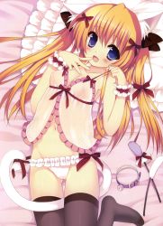 Rule 34 | 1girl, absurdres, animal ears, babydoll, bell, black thighhighs, blue eyes, blush, breasts, cameltoe, cat ears, cat tail, cleavage, collar, fang, finger to mouth, hair ribbon, highres, long hair, lying, neck bell, nemunemu (candy paddle), on back, orange hair, original, panties, ribbon, see-through, side-tie panties, small breasts, smile, solo, tail, thighhighs, twintails, two side up, underwear