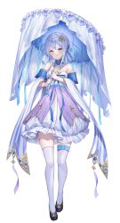 Rule 34 | 1girl, absurdres, bare shoulders, black footwear, blue hair, blue umbrella, breasts, closed mouth, commentary request, detached sleeves, dress, frilled dress, frilled thighhighs, frills, highres, holding, holding umbrella, long sleeves, lunacle, medium breasts, original, shoes, simple background, smile, solo, strapless, strapless dress, thighhighs, umbrella, white background, white dress, white sleeves, white thighhighs, wide sleeves, yellow eyes