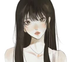 Rule 34 | 1girl, black eyes, black hair, blush, bohe bozi tang, chinese commentary, hair behind ear, head tilt, highres, hyein (newjeans), k-pop, looking at viewer, newjeans, parted lips, real life, red lips, solo, tank top, white background, white tank top