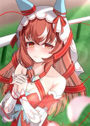 Rule 34 | 1girl, absurdres, animal ears, artist name, blush, breasts, brown hair, chest jewel, cleavage, closed mouth, collarbone, detached sleeves, grass, hair between eyes, hair ornament, highres, horse girl, long hair, looking at viewer, own hands clasped, own hands together, red eyes, s00h11o13, small breasts, smile, solo, still in love (umamusume), umamusume, veil