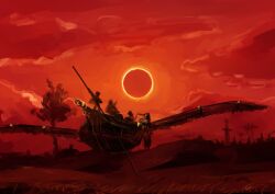 Rule 34 | 3boys, abstract, absurdres, aircraft, airplane, cloud, cloudy sky, eclipse, field, highres, landscape, multiple boys, original, post-apocalypse, red sky, rokubotei ayagiri, sketch, sky, solar eclipse, sun, tree, vehicle request